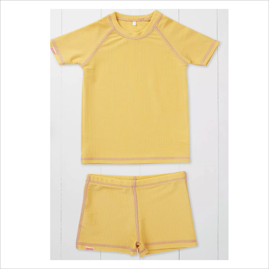 Grass + Air Rash Vest -  Ochre Ribbed Kids Shortie Swim Shorts